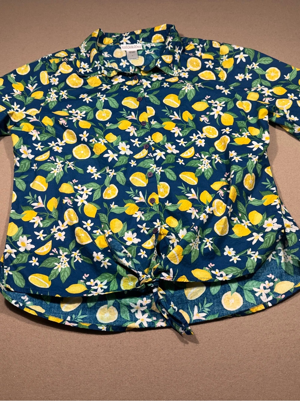 Tie-Front Button Shirt catalog favorites women’s XL lemons with blue background